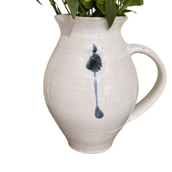 Studio Art Pottery Dimpled Floral Stoneware Pitcher Jug Signed Vase Cream/Blue - Picture 2 of 9